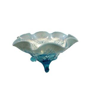 Antique Early 1900's Dugan Glass Blue Opalescent Footed Ruffled Bowl